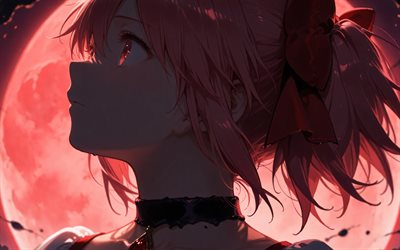 4k, madoka kaname, kırmızı ay, gece, puella magi, kırmızı gözler, kahraman, kızıl saçlı, mahou shoujo madoka magica, manga, kaname madoka, sanat eseri, madoka kaname puella magi