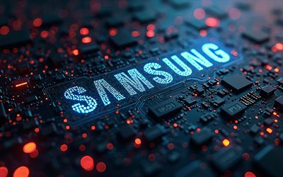 samsung blue glitter logo, 4k, fond noir en haute technologie, microcircuits, chef d'orchestre, marques électroniques, créatif, logo samsung sur le microcircuit, marques, logo samsung 3d, œuvres d'art, logo samsung, samsung