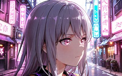 4k, minato yukina, rua, luzes de neon, bang dream, retrato, noite, olhos roxos, personagens de bang dream, mangá, minato yukina bang dream