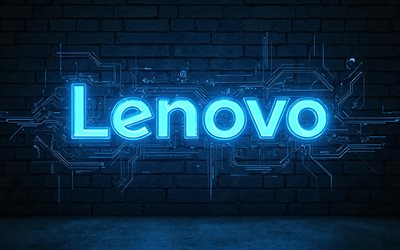 4k, logotipo de neón azul de lenovo, noche, creativo, fondo de muro de ladrillo azul, marcas, logotipo de lenovo neon, cables, electrónica, logotipo de lenovo, logotipo de lenovo 3d, lenovo