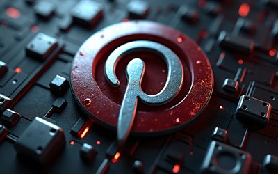 4k, Pinterest metal logo, bokeh, black hi-tech background, microcircuits, conductors, social network, creative, Pinterest logo on microcircuit, brands, Pinterest 3D logo, artwork, Pinterest logo, Pinterest