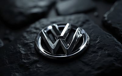 logotipo de volkswagen chrome, 4k, fondo de piedra negra, logotipo de volkswagen metal, volkswagen emblema, logotipo de volkswagen, autos alemanes, volkswagen