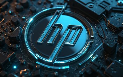 4k, logo en métal hewlett packard, bokeh, hp, fond noir en haute technologie, microcircuits, chef d'orchestre, marques électroniques, créatif, logo hewlett packard sur le microcircuit, marques, logo hp, œuvres d'art, logo hewlett packard, hewlett packard