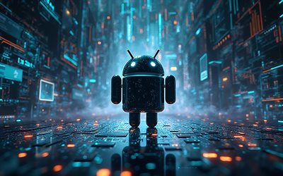 logo android, 4k, luce neon blu, logo 3d android, sfondo blu tecnologico, robot android, emblema android, android