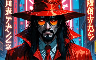 alucard, 4k, calle, infierno, jeroglíficos, noche, luces de neón, impermeable rojo, conde drácula, manga, dorakyura, manga infernal, personaje de alucard, arte de alucard, personajes infernales, alucard hellsing