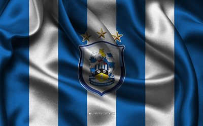 4k, Huddersfield Town AFC logo, blue white silk fabric, English football team, Huddersfield Town AFC emblem, EFL Championship, Huddersfield Town AFC, England, football, Huddersfield Town AFC flag, soccer