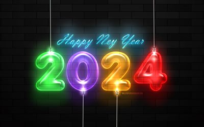 2024 hyvää uutta vuotta, 4k, värikkäitä lamppuja, musta tiiliseinä, 2024 käsitteet, 2024 3d  numerot, hyvää uutta vuotta 2024, luova, 2023 brick  tausta, 2024 vuosi, 2024 hehkulamput numerot 2024 musta tausta