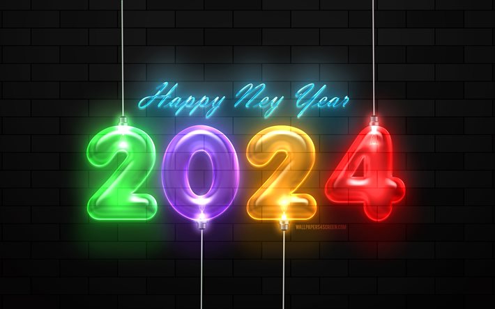 2024 hyvää uutta vuotta, 4k, värikkäitä lamppuja, musta tiiliseinä, 2024 käsitteet, 2024 3d  numerot, hyvää uutta vuotta 2024, luova, 2023 brick  tausta, 2024 vuosi, 2024 hehkulamput numerot 2024 musta tausta