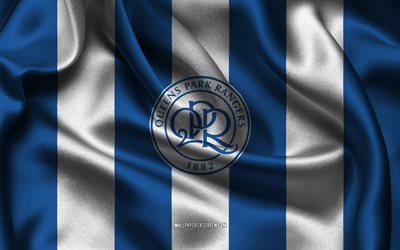 4k, Queens Park Rangers logo, blue white silk fabric, English football team, Queens Park Rangers emblem, EFL Championship, Queens Park Rangers, England, football, Queens Park Rangers flag, soccer, QPR