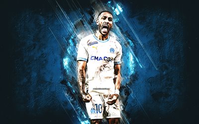 Pierre-Emerick Aubameyang, Olympique de Marseille, Gabonese football player, Marseille, Ligue 1, France, football, blue stone background