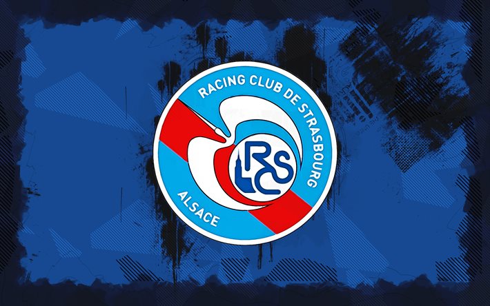 rc strasbourg alsace grunge logo, 4k, ligue 1, blå grunge bakgrund, fotboll, rc strasbourg alsace emblem, rc strasbourg alsace  logotyp, fransk fotbollsklubb, strasbourg alsace fc
