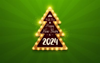 4k, Happy New Year 2024, green background, 2024 Merry Christmas, 2024 Christmas background, 2024 concepts, 2024 Happy New Year