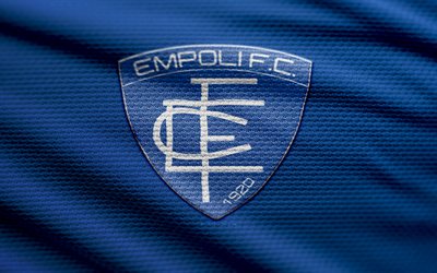 एम्पोली एफसी फैब्रिक लोगो, 4k, नीले कपड़े की पृष्ठभूमि, सीरी ए, bokeh, फुटबॉल, एम्पोली एफसी लोगो, फ़ुटबॉल, एम्पोली एफसी प्रतीक, एम्पोली एफसी, इटैलियन फुटबॉल क्लब, एफसी एम्पोली