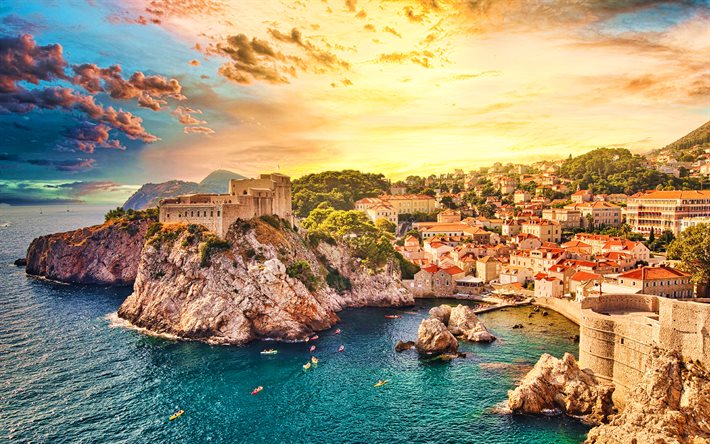 Fort Lovrijenac, 4k, skyline cityscapes, croatian cities, harbour, Dubrovnik, Croatia, HDR, Europe