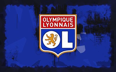 olympque lyonnais grunge  logo, 4k, ligue 1, sininen grunge  tausta, jalkapallo, olympque lyonnais  tunnus, olympque lyonnais  logo, ranskalainen jalkapalloseura, olympque lyonnais fc