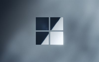 windows 11 metal logosu, 4k, gri arka plan, windows 11 ayna logosu, windows 11 3d logosu, işletim sistemleri, windows 11 logosu, sanat eseri, windows 11