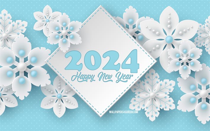 2024 feliz año nuevo, 4k, 2024 fondo de copos de nieve, 2024 conceptos, feliz año nuevo 2024, invierno azul 2024 fondo, 2024 arte, copos de nieve blancos
