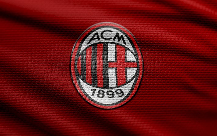 ac milan fabric logo, 4k, rött tygbakgrund, serie a, bokhög, fotboll, ac milan  logotyp, ac milan emblem, ac milan, italiensk fotbollsklubb, milan fc
