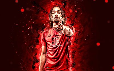 sacha boey, 4k, rote neonlichter, bayern münchen fc, bundesliga, französische fußballer, sacha boey 4k, fußball, roter abstrakter hintergrund, sacha boey bayern münchen