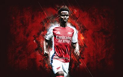 bukae saka, arsenal fc, joueur de football anglais, fond de pierre rouge, grunge, premier league, angleterre, football