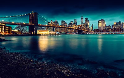 4k, ブルックリン橋, ナイトスケープ, 街並み, nyc, アメリカ合衆国, アメリカの都市, ニューヨーク市, ニューヨークシティスケープ, 夜のブルックリン橋