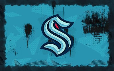 seattle kraken grunge logosu, 4k, nhl, mavi grunge arka plan, hokey, seattle kraken amblemi, seattle kraken logosu, amerikan hokey kulübü, seattle kraken