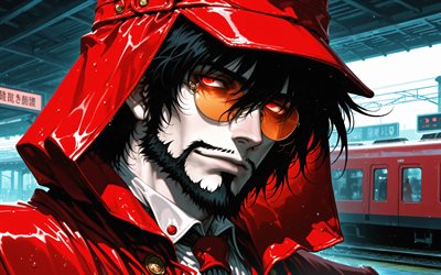 4k, alucard, invierno, estación de tren, infierno, impermeable rojo, conde drácula, manga, dorakyura, manga hellsing, personaje de alucard, arte alucard, personajes infernales, alucard hellsing
