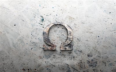 شعار حجر أوميغا, 4k, الحجر الخلفية, شعار أوميغا ثلاثي الأبعاد, العلامات التجارية, خلاق, شعار أوميغا, فن الجرونج, أوميغا