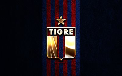 ca tigre goldenes logo, 4k, hintergrund aus blauem stein, liga professional, argentinischer fußballverein, ca tigre logo, fußball, ca tigre emblem, verein atlético tigre, ca tiger, tiger fc