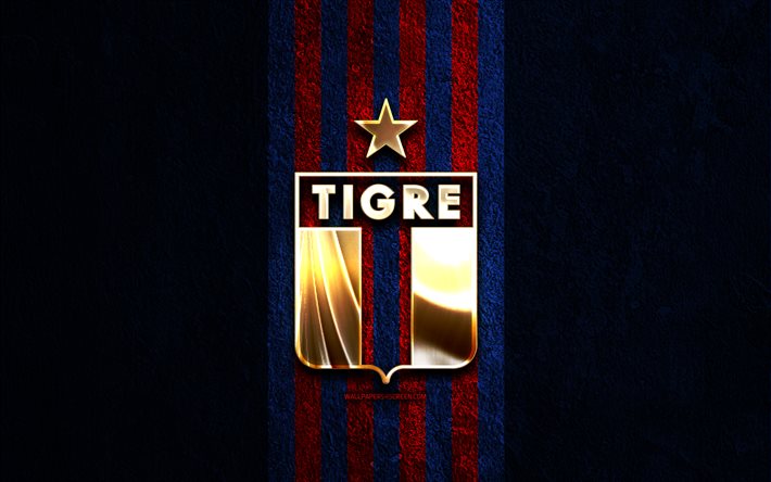 CA Tigre golden logo, 4k, blue stone background, Liga Profesional, argentine football club, CA Tigre logo, soccer, CA Tigre emblem, Club Atletico Tigre, CA Tigre, football, Tigre FC