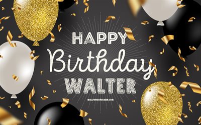 4k, 월터 생일 축하해, 검은 황금 생일 배경, 월터 생일, 월터, 황금색 검은 풍선