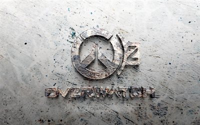 overwatch 2 شعار الحجر, 4k, الحجر الخلفية, شعار overwatch 2 3d, ماركات الألعاب, خلاق, شعار overwatch 2, فن الجرونج, المراقبة 2