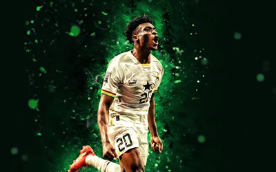 Mohammed Kudus, 4k, green neon lights, Ghana National Football Team, soccer, footballers, green abstract background, Ghanaian football team, Mohammed Kudus 4K