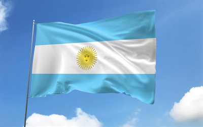 Argentina flag on flagpole, 4K, South American countries, blue sky, flag of Argentina, wavy satin flags, Argentine flag, Argentine national symbols, flagpole with flags, Day of Argentina, South America, Argentina flag, Argentina