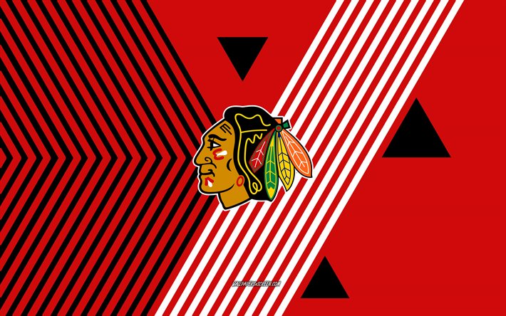 chicago blackhawks logotyp, 4k, amerikanskt hockeylag, röda svarta linjer bakgrund, chicago blackhawks, nhl, usa, linjekonst, chicago blackhawks emblem, hockey