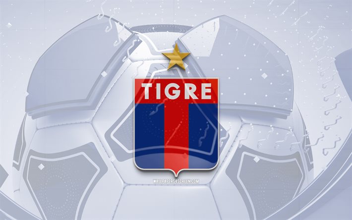 CA Tigre glossy logo, 4K, blue football background, Liga Profesional, soccer, argentine football club, CA Tigre 3D logo, CA Tigre emblem, Tigre FC, football, sports logo, CA Tigre logo, CA Tigre