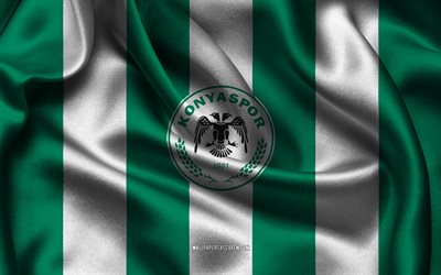 4k, logotipo do konyaspor, tecido de seda branco verde, time de futebol turco, emblema konyaspor, super lig, konyaspor, peru, futebol, bandeira do konyaspor