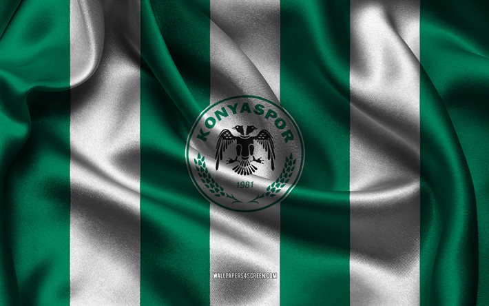 4k, konyaspor logo, vihreä valkoinen silkkikangas, turkin jalkapallojoukkue, konyasporin tunnus, super lig, konyaspor, turkki, jalkapallo, konyasporin lippu