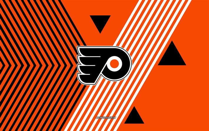 logo des flyers de philadelphie, 4k, équipe américaine de hockey, fond de lignes noires orange, flyers de philadelphie, lnh, etats unis, dessin au trait, emblème des flyers de philadelphie, le hockey