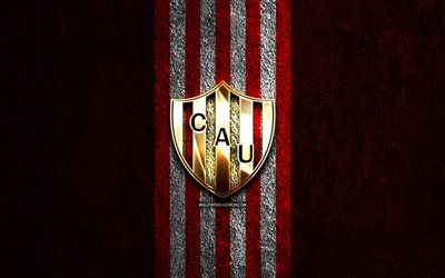 CA Union golden logo, 4k, red stone background, Liga Profesional, argentine football club, CA Union logo, soccer, CA Union emblem, Union de Santa Fe, Club Atletico Union, CA Union, football, Union FC