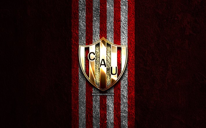 ca birliği altın logosu, 4k, kırmızı taş arka plan, profesyonel lig, arjantin futbol kulübü, ca birliği logosu, futbol, ca birliği amblemi, santa fe birliği, kulüp atletico birliği, ca birliği, birlik fc