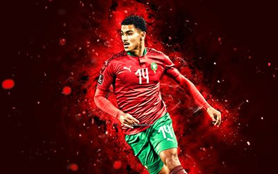 zakaria abukhlal, 4k, rote neonlichter, fußballnationalmannschaft von marokko, fußball, fußballer, roter abstrakter hintergrund, marokkanische fußballmannschaft, zakaria aboukhlal 4k