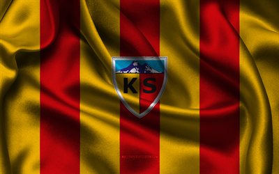 4k, Kayserispor logo, red yellow silk fabric, Turkish football team, Kayserispor emblem, Super Lig, Kayserispor, Turkey, football, Kayserispor flag