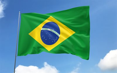 brasilien flagga på flaggstången, 4k, sydamerikanska länder, blå himmel, brasiliens flagga, vågiga satinflaggor, brasilianska flaggan, brasilianska nationella symboler, flaggstång med flaggor, brasiliens dag, sydamerika, brasilien flagga, brasilien