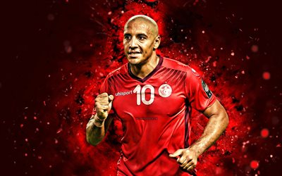 wahbi khazri, 4k, luces de neón rojas, selección de fútbol de túnez, fútbol, futbolistas, fondo abstracto rojo, wahbi khazri 4k