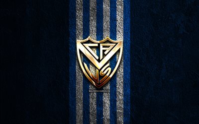 Velez Sarsfield golden logo, 4k, blue stone background, Liga Profesional, argentine football club, Velez Sarsfield logo, soccer, Velez Sarsfield emblem, Velez Sarsfield, football, Velez Sarsfield FC