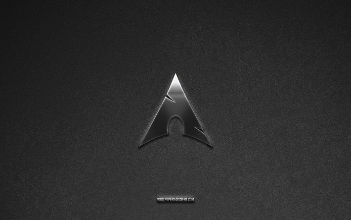 logotipo do arch linux, fundo de pedra cinza, emblema do arch linux, logotipos de tecnologia, arch linux, marcas de fabricantes, logo de metal do arch linux, textura de pedra, linux
