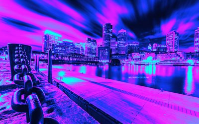 Boston Harbor, 4k, abstract cityscapes, Cyberpunk, Massachusetts Bay, nightscapes, american cities, Boston, USA, America, Boston Cyberpunk
