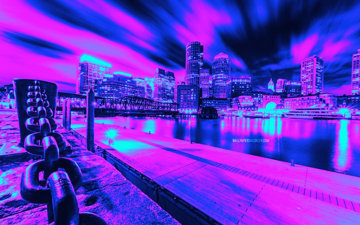 ميناء بوسطن, 4k, مناظر المدينة المجردة, cyberpunk, خليج ماساتشوستس, مشاهد ليلية, المدن الأمريكية, بوسطن, الولايات المتحدة الأمريكية, أمريكا, بوسطن سايبربنك