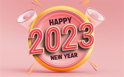 2023 Happy New Year, pink 3D digits, 4k, alarm clock, 2023 concepts, xmas decorations, 2023 3D digits, Happy New Year 2023, creative, 2023 pink digits, 2023 pink background, 2023 year